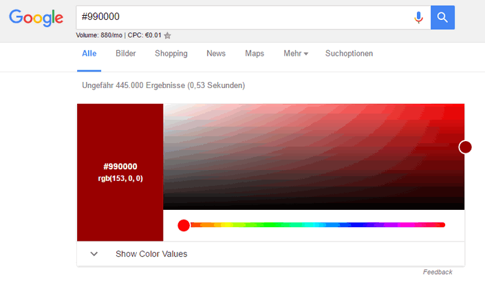 Farbcodes werden in den Google Suchergebnissen angezeigt
