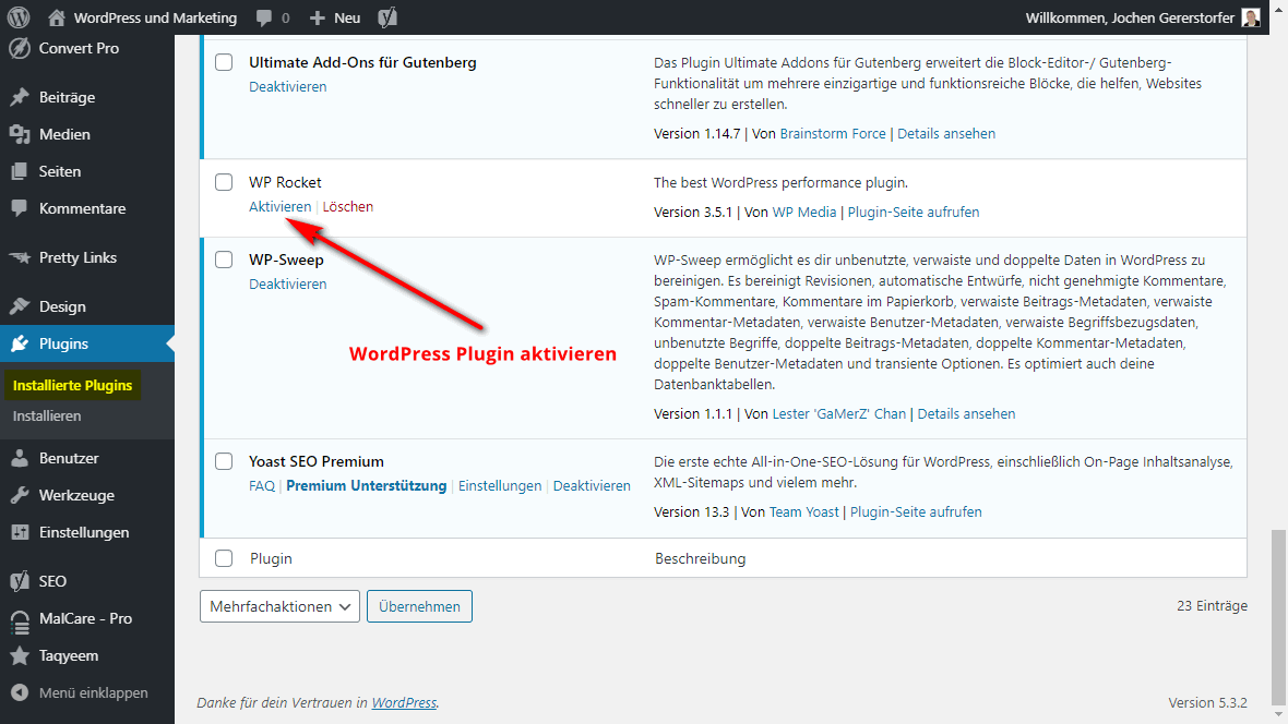 Installiertes Plugin im WP-Dashboard aktivieren