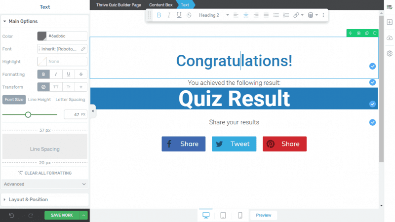 Customize Thrive Quiz Result Style