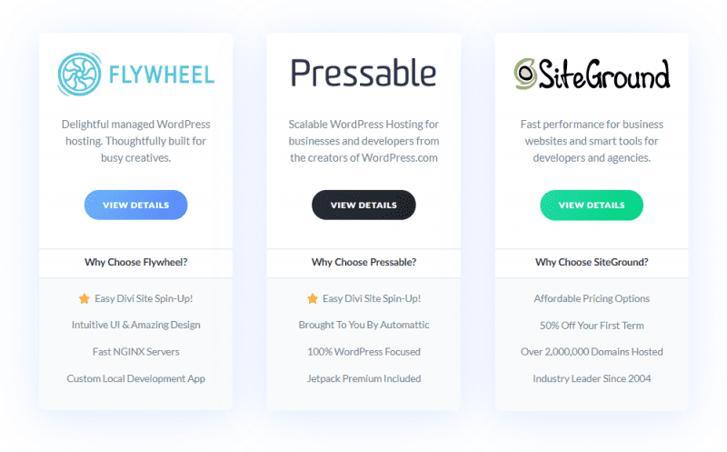 Hosters for the Divi Theme - Flywheel, Pressable and SiteGround