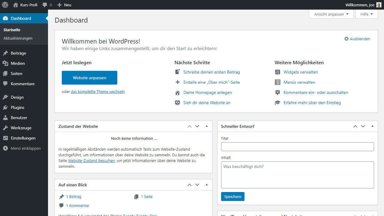 The WordPress Dashboard directly after the installation by Raidboxes.