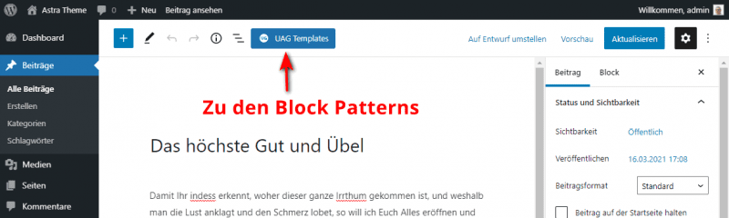 Open the Block Patterns in the WordPress editor