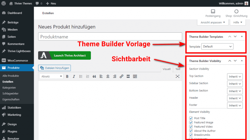 The Thrive Theme Builder specific settings for products Templates and Visibility (Visibility).