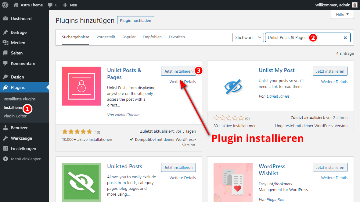 Das Plugin Unlist Posts & Pages installieren