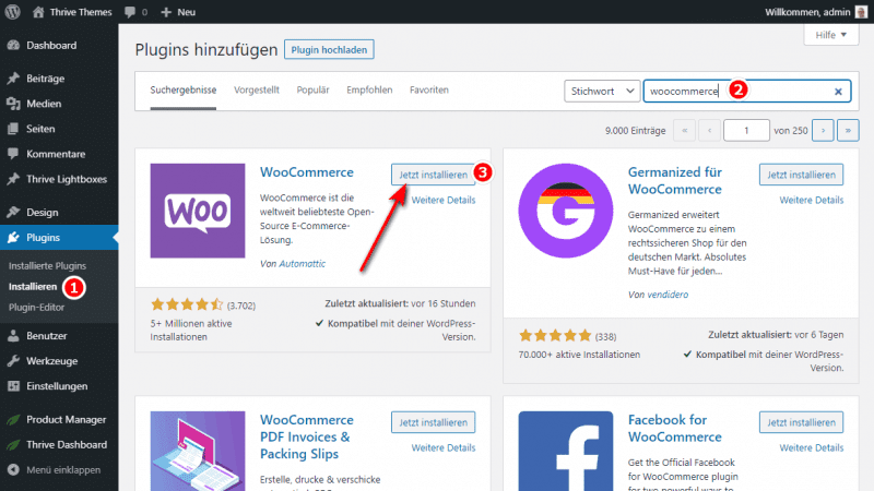 Install WooCommerce plugin from the WordPress directory