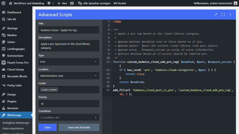 Beispiel, wie du die Code Snipptes mit Advanced Scripts anlegst.