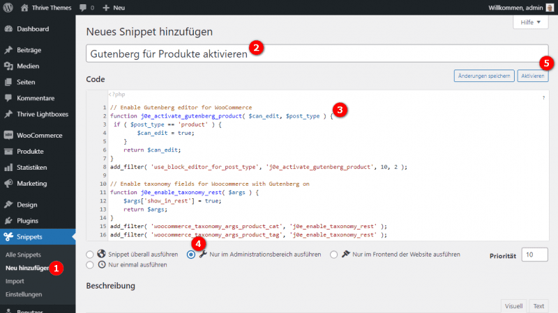 Gutenberg for WooCommerce - Insert code in Code Snippets plugin