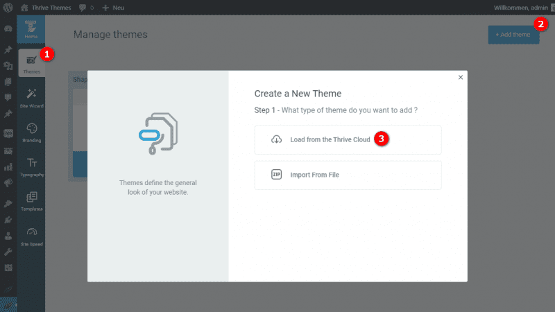 Themes > Add Theme > Load from the Thrive Cloud