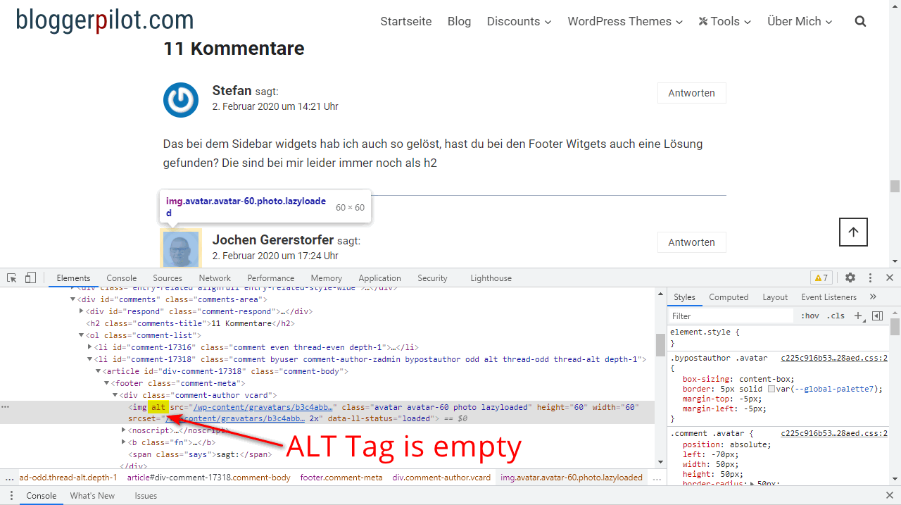WordPress Comments: The Gravatar ALT tag is empty.