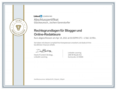 Abschlusszertifikat Rechtsgrundlagen für Blogger und Online-Redakteure