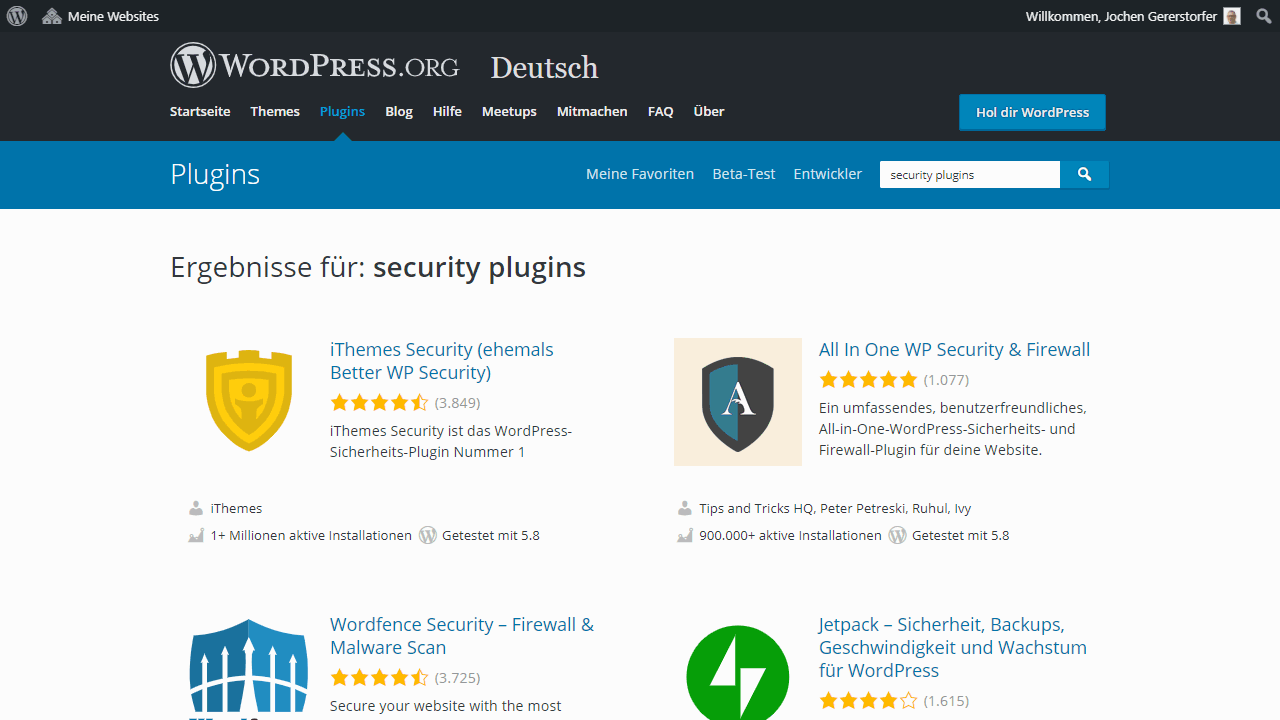 Suche nach Security Plugins im WordPress.org Verzeichnis