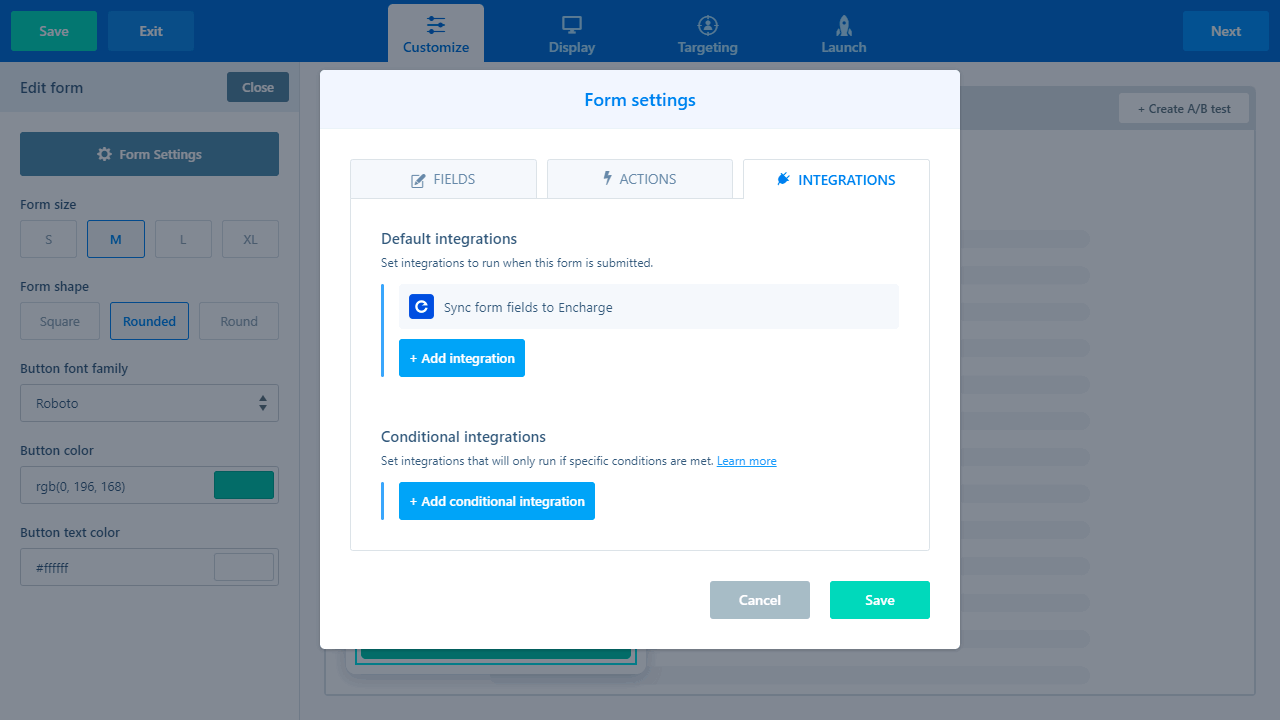 Form settings and newsletter integration.