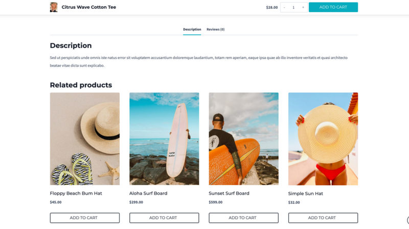 The WooCommerce sticky cart is located at the top of the header.