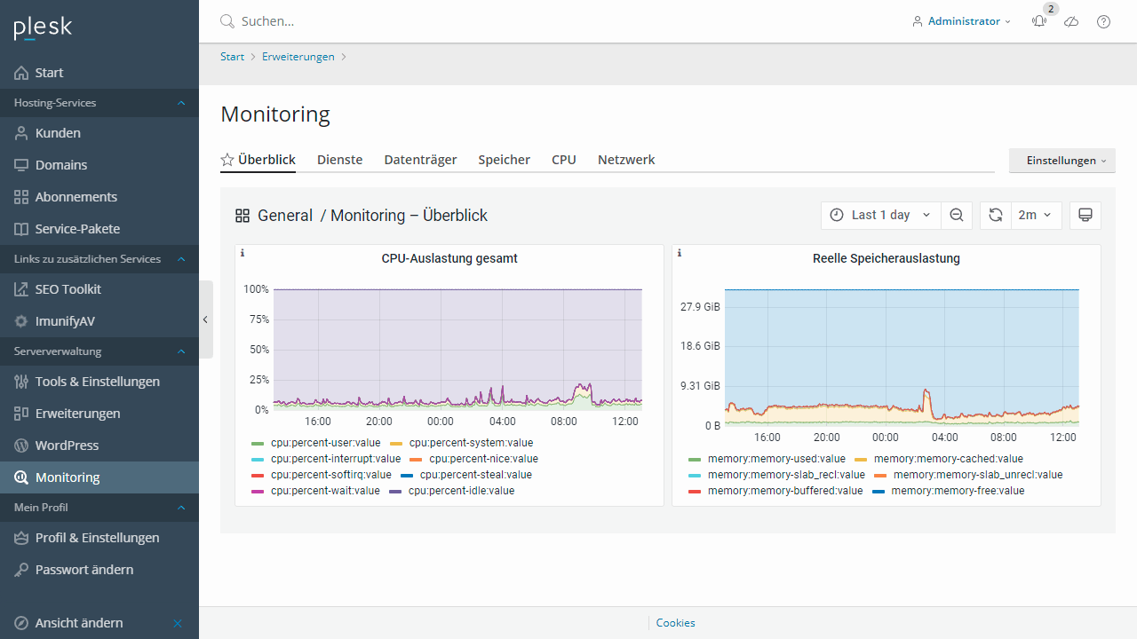 Plesk dashboard of a managed dedicated server