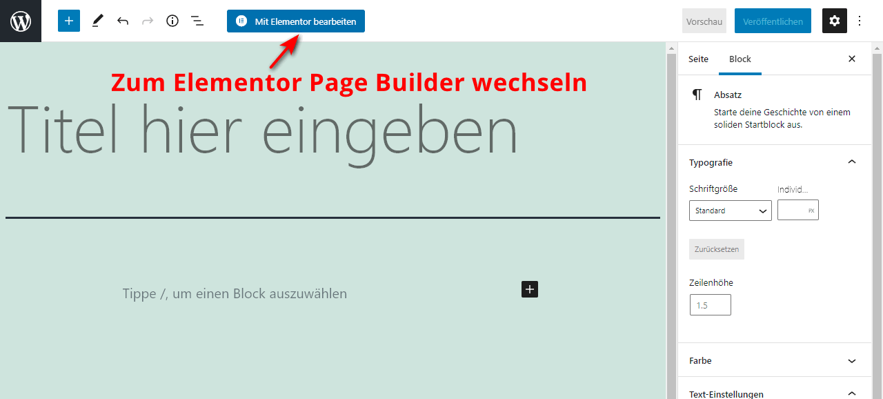 Zum Elementor Page Builder wechseln.