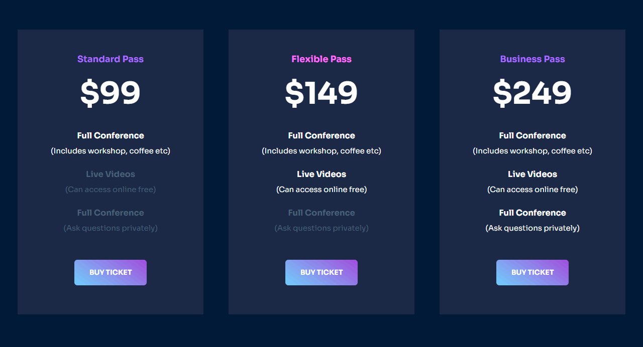 Ready designed pricing table for your events.