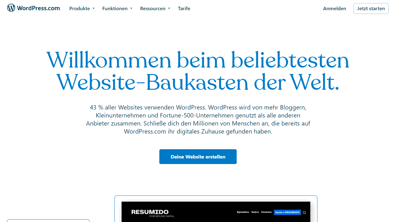 Die Startseite des Homepage-Baukastens wordpress.com.