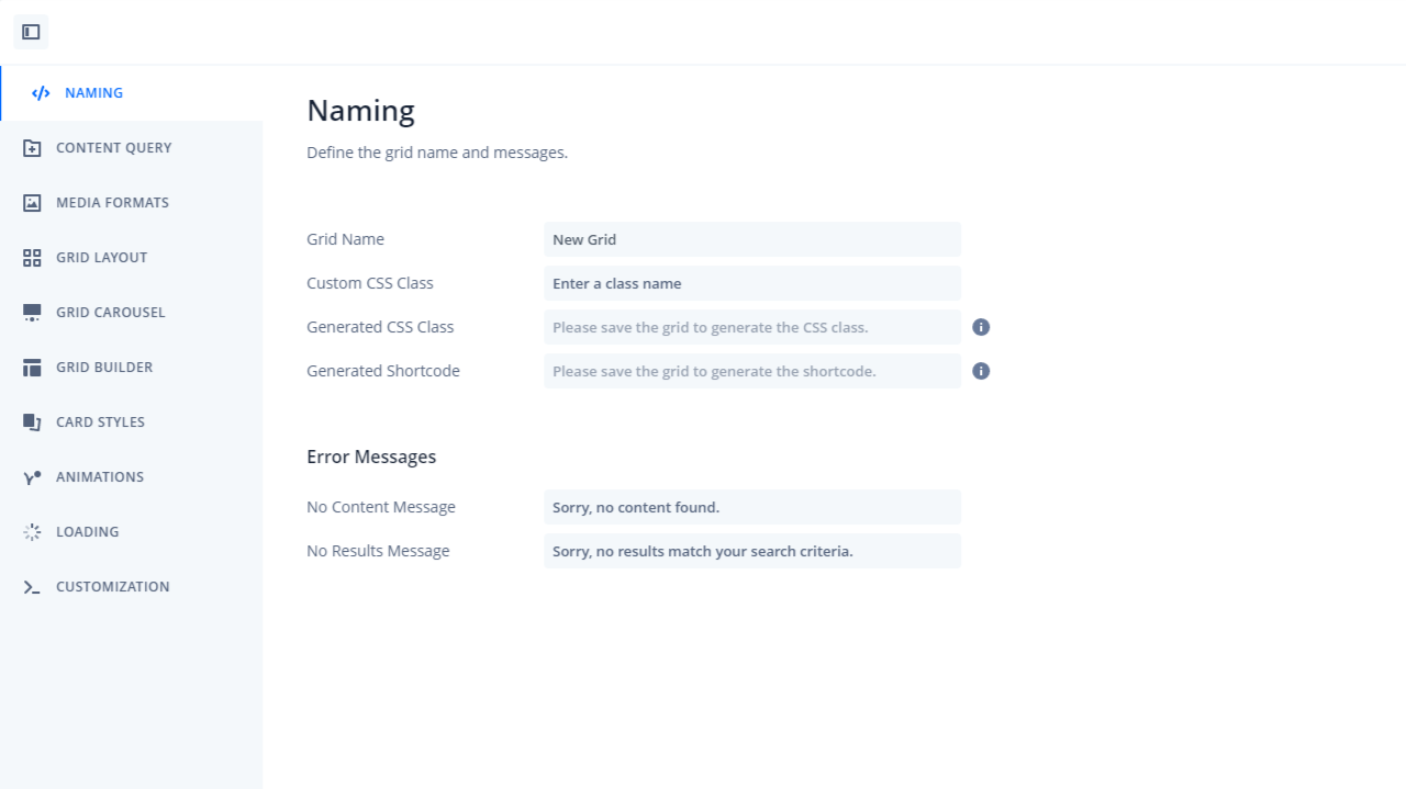 This is how the basic WP Grid Builder settings menu looks like