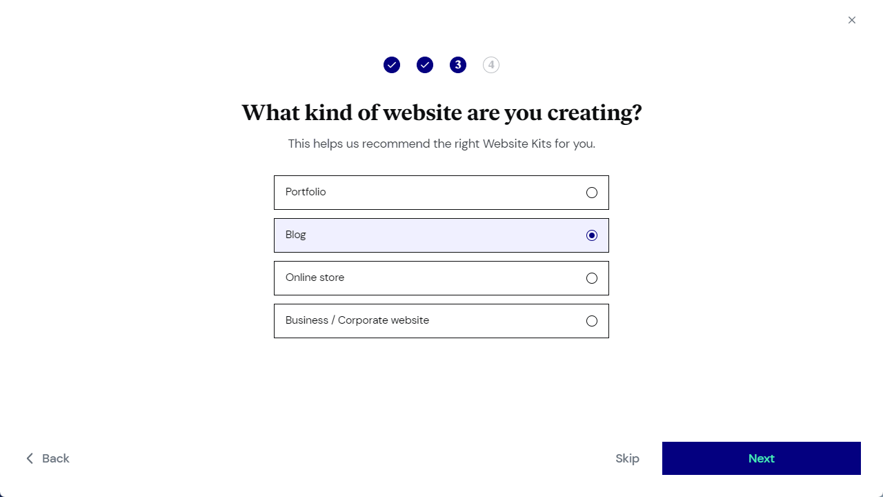 Wähle aus, welche Art von Website du erstellen möchtest.
