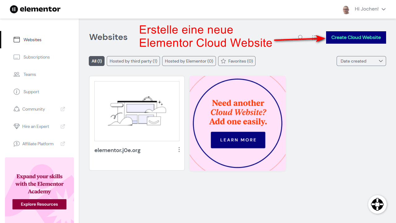 In https://my.elementor.com/websites/ kannst du weitere Cloud Websites erstellen.