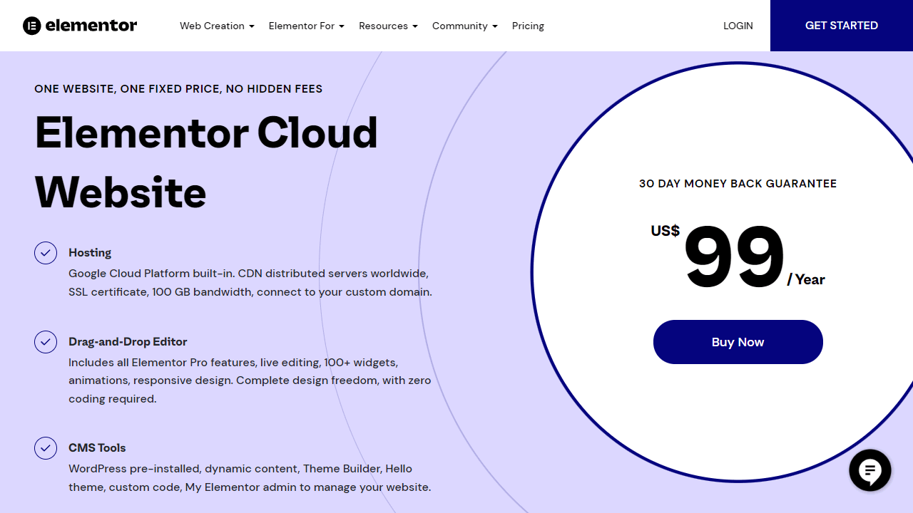 Pay $99.00 per website per year with Elementor Cloud.