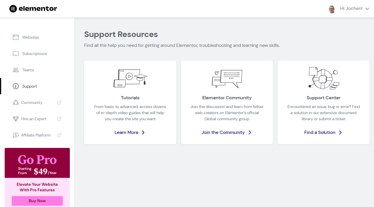 Das Elementor Support Portal.
