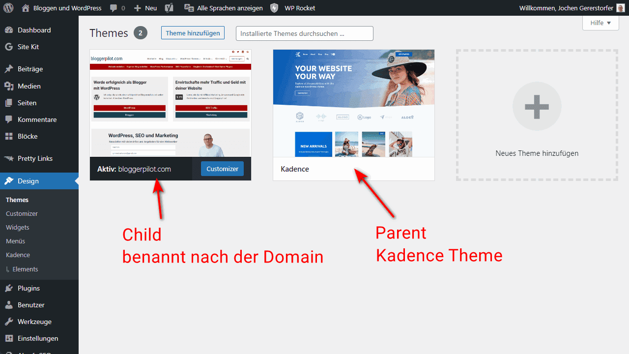 Das Parent Theme und das Child Theme im WordPress Admin Design-Menü.