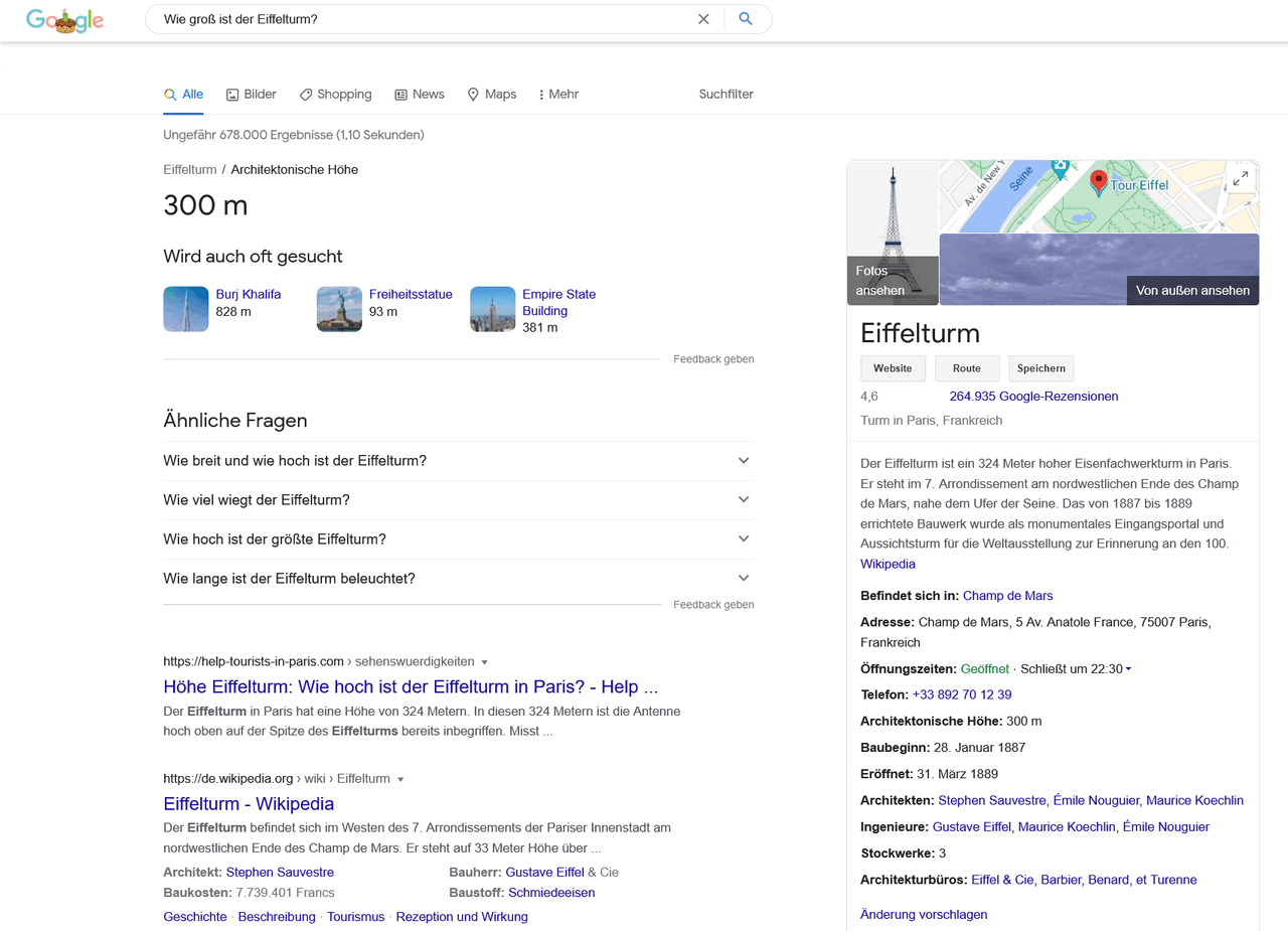  Typisches Beispiel für eine Know Simple Suchanfrage, die Google direkt in den Suchergebnissen beantwortet.