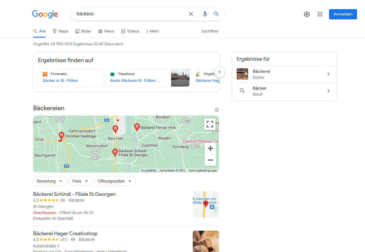 Ein lokales Suchergebnis für das Suchwort "bäckerei"