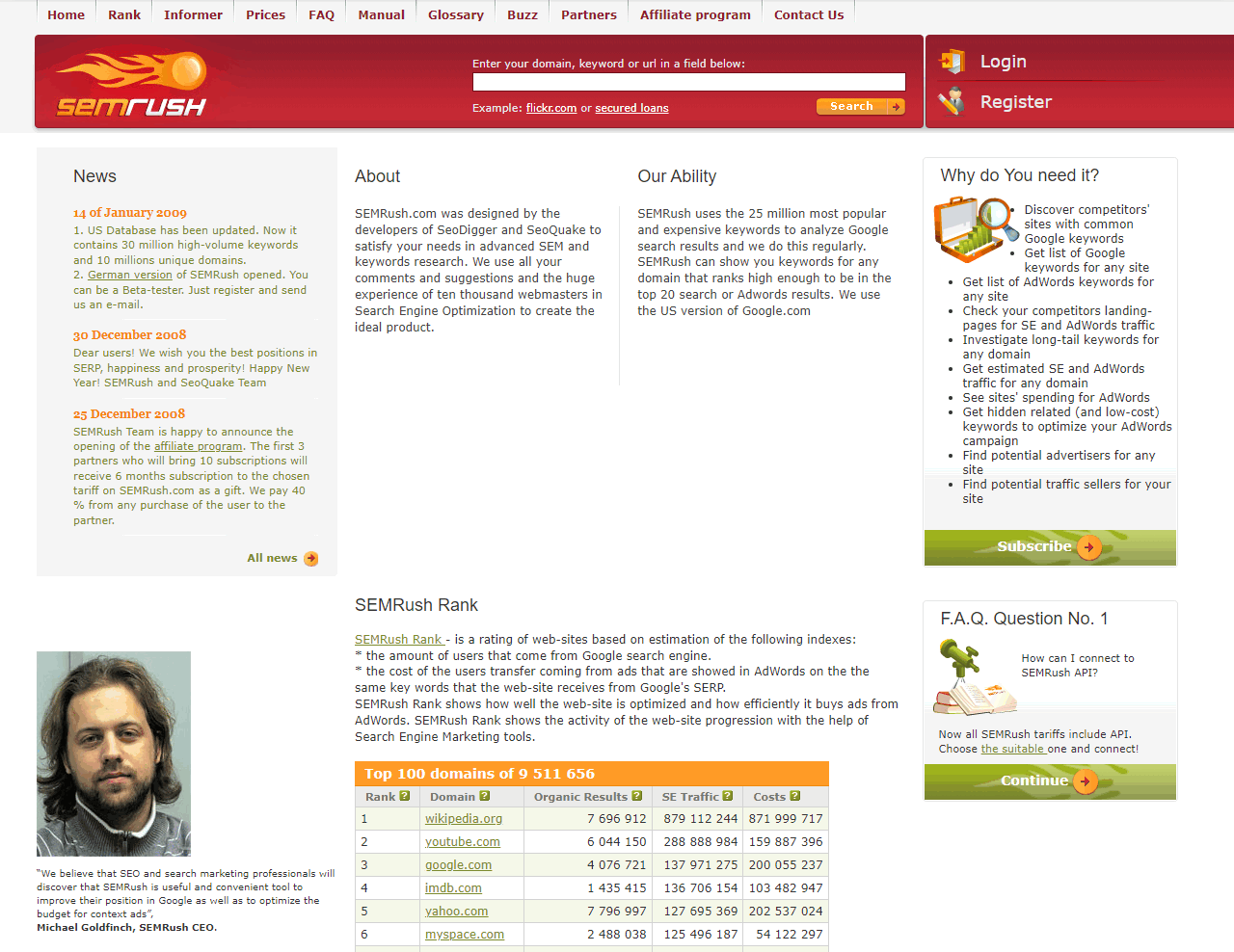 So sah semrush.com im Jahre 2009 aus. Quelle: Wayback Machine