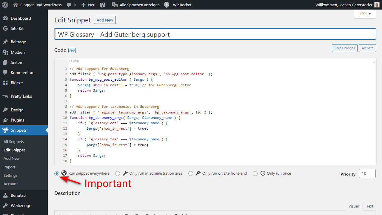 Das Snippet für WP Glossary im Code Snippets Plugin