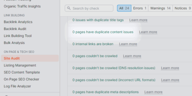Duplicate Content in Semrush finden.