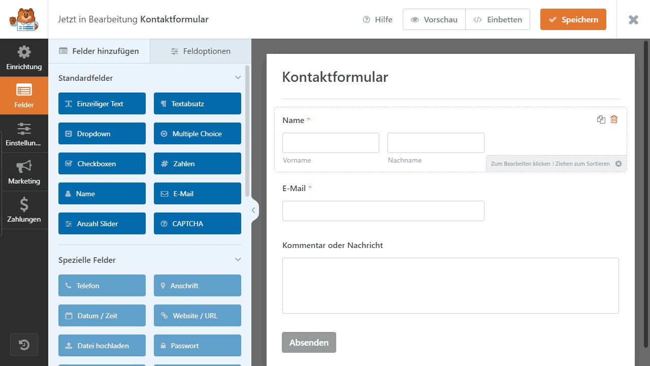 Der WPForms Formulareditor.