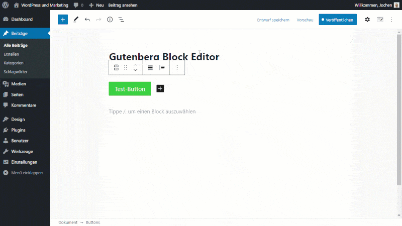 Duplicating a Gutenberg block from the menu.