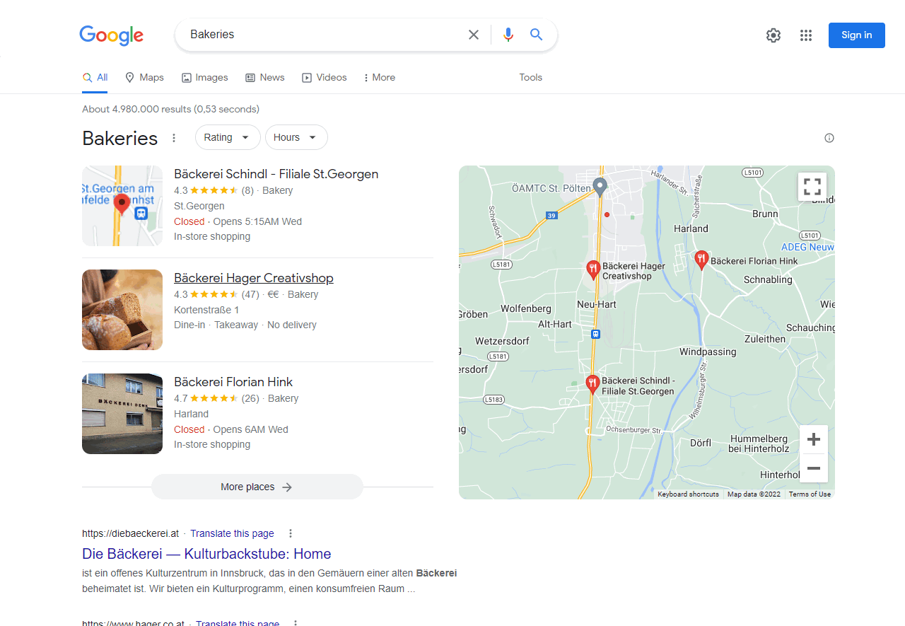 A local search result for the keyword "bakery".